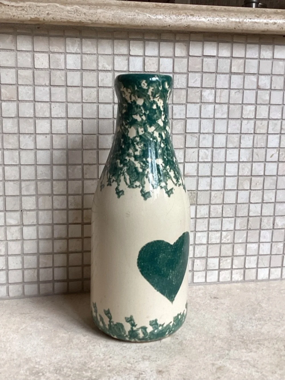 Farmhouse Ceramic Heart Vase in Cream and Forest Green Vintage